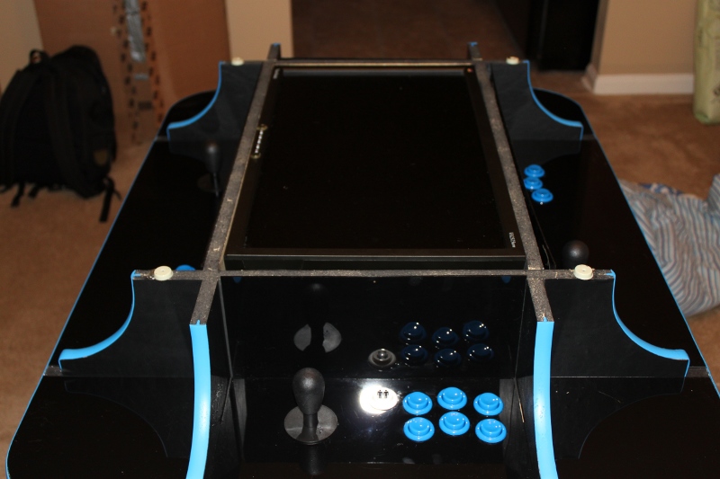 Completed cocktail arcade cabinet with the lid off