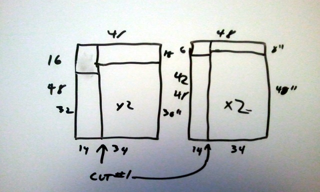 Quick sketch of necessary particle board cuts drawn on the whiteboard
