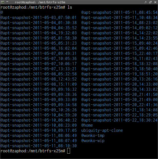 Screenshot of some btrfs snapshots