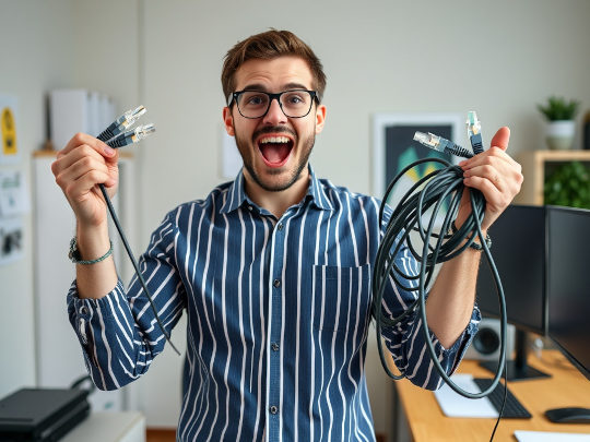 AI Excited guy holding Ethernet cables in his home office