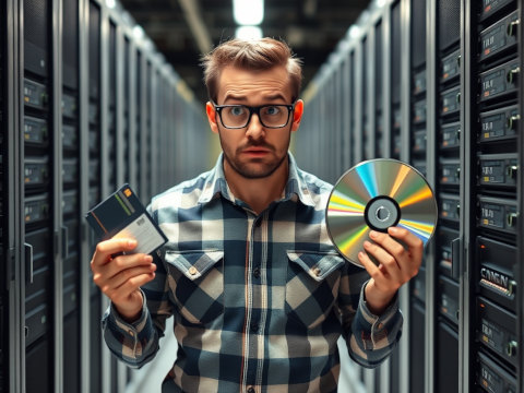 AI Guy holding a floppy disk in a datacenter