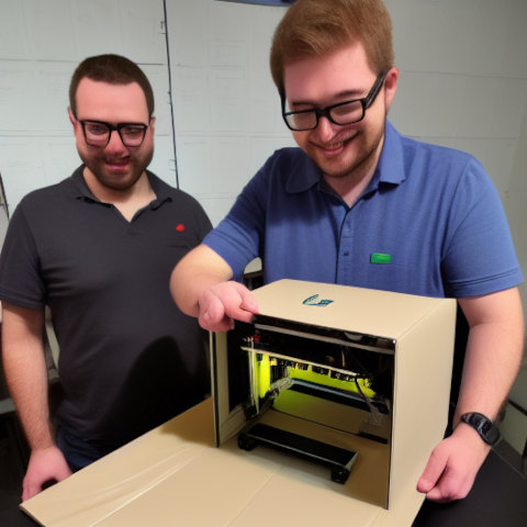 Two guys unboxing an imaginary 3D printer