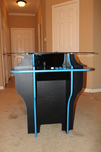 The completed arcade cabinet, head on