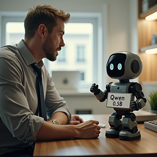 AI Man talking to a tiny llm robot