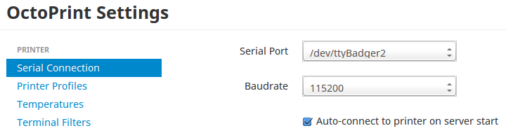 OctoPrint Serial Port Settings