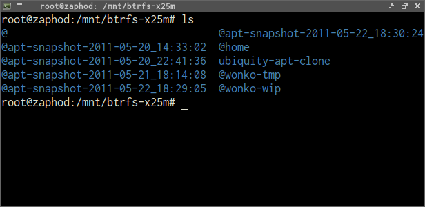 Screenshot of some btrfs snapshots, after clean up